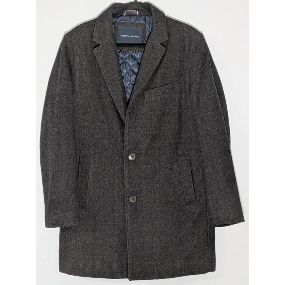 Tommy Hilfiger Men's Wool Blend Overcoat Brown Herringbone Size M Quilt Lined